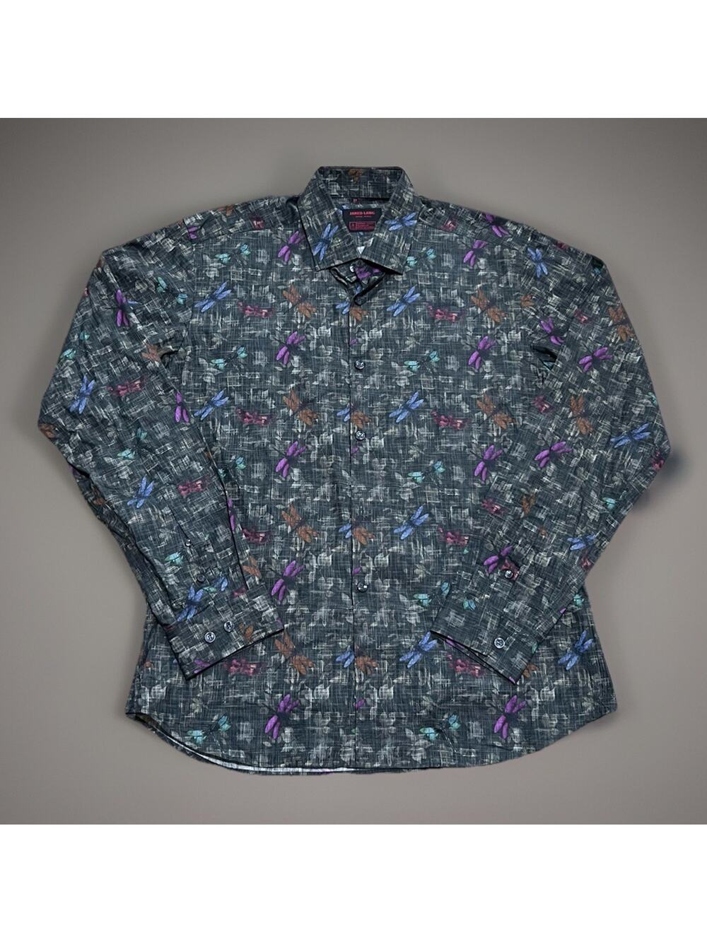 JARED LANG After Hours Mens Large Slim Fit Dragonfly Floral Print Dark Green